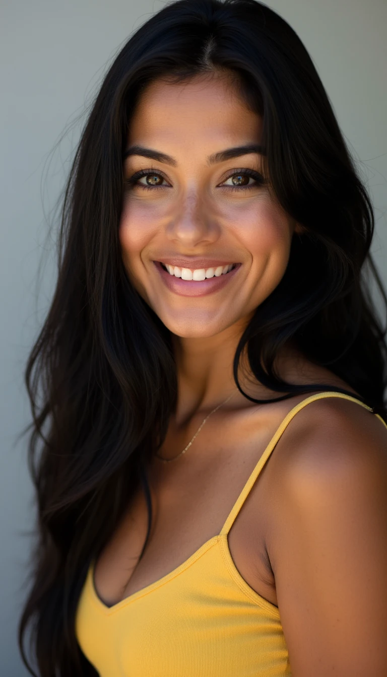 A beautiful Latina woman with a soft tan complexion, long flowing black hair that reaches her hips, natural beauty with minimal makeup, radiant warm smile, expressive brown eyes, confident yet gentle energy. She embodies authenticity and effortless charm.

Personality Style:
	•	Confident but approachable
	•	Natural, grounded beauty — not overdone
	•	Speaks calmly, smiles often, connects emotionally
	•	Values connection, sunlight, freedom, and simplicity

Soft and perky breasts with medium sized nipples 