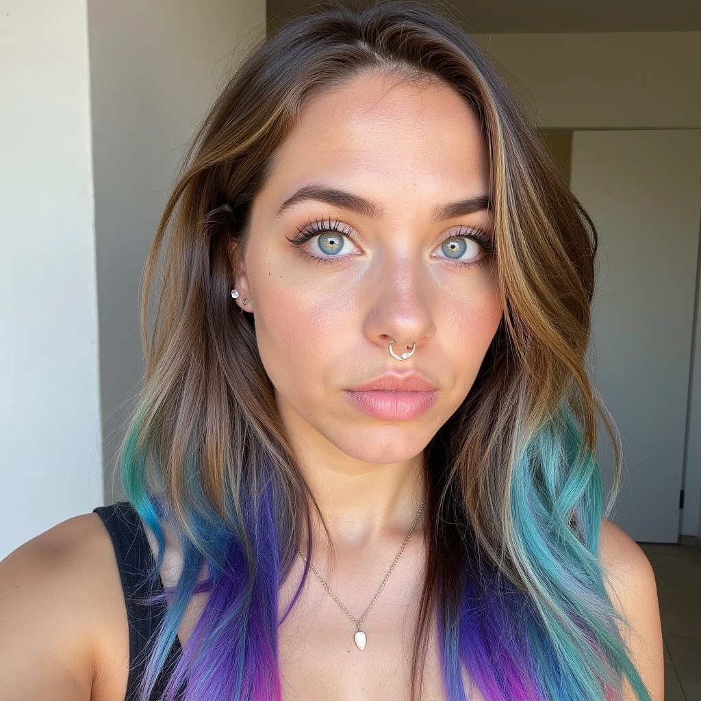 Young white woman, a little tan, BIG blue eyes, LONG LONG eyelashes, plump lips, a nose ring on one side, and light brown hair with galaxy balayage (turquoise blue purple and pink)