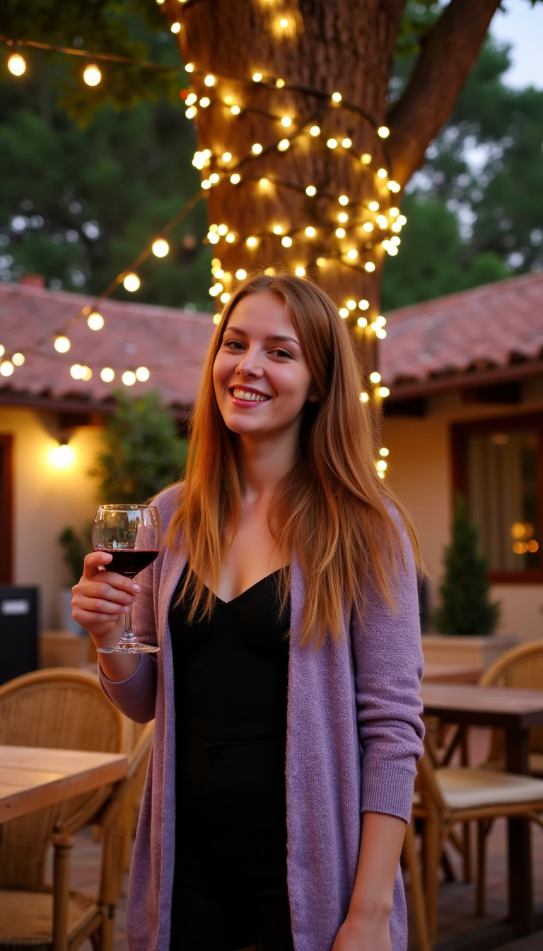 A full body shot photo of a woman standing outdoors at a cozy, warmly lit patio in the evening, with soft, glowing lights wrapped around a tree behind them creating a charming atmosphere. The image is rich in detail, with warm tones and clear textures throughout. The woman has fair skin, a slim build, and long reddish-blonde hair, also worn loose. She is smiling warmly at the camera, holding a glass of red wine in her right hand, and wears a soft-textured lavender cardigan over a black top. The background features a large tree with sparkling string lights wrapped around its trunk and branches, adding a magical touch to the scene. The setting suggests a private outdoor seating area, with elements like terracotta-tiled roofing, greenery, and rattan chairs contributing to a serene, inviting vibe. The overall composition is balanced, with the woman framed against the softly glowing tree, and the lighting enhances the warm, intimate feel of a quiet evening shared among friends. The details are vivid, with textures of clothing, skin, and background elements clearly visible, while the warm lighting creates a relaxed and joyful mood