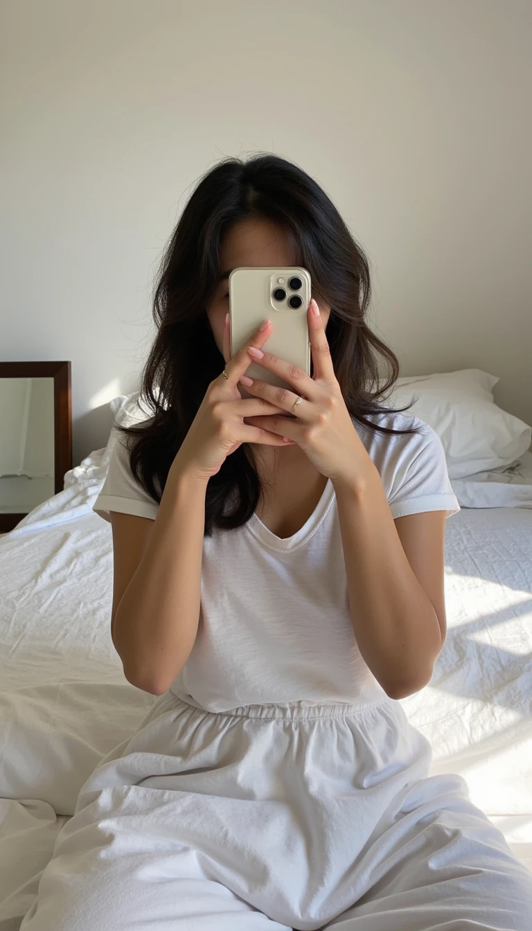 boring low quality snapchat photo of a 22 year old Asian woman covering her entire face with her iPhone, sitting on her bed in her cozy farmhouse style bedroom. She has soft, wavy black brown hair cascading past her shoulders and is only wearing a white t-shirt. The sunlight streams through the window, casting a gentle glow on her face. The interior of the bedroom is white walls with a big bed and a mirror on the floor.