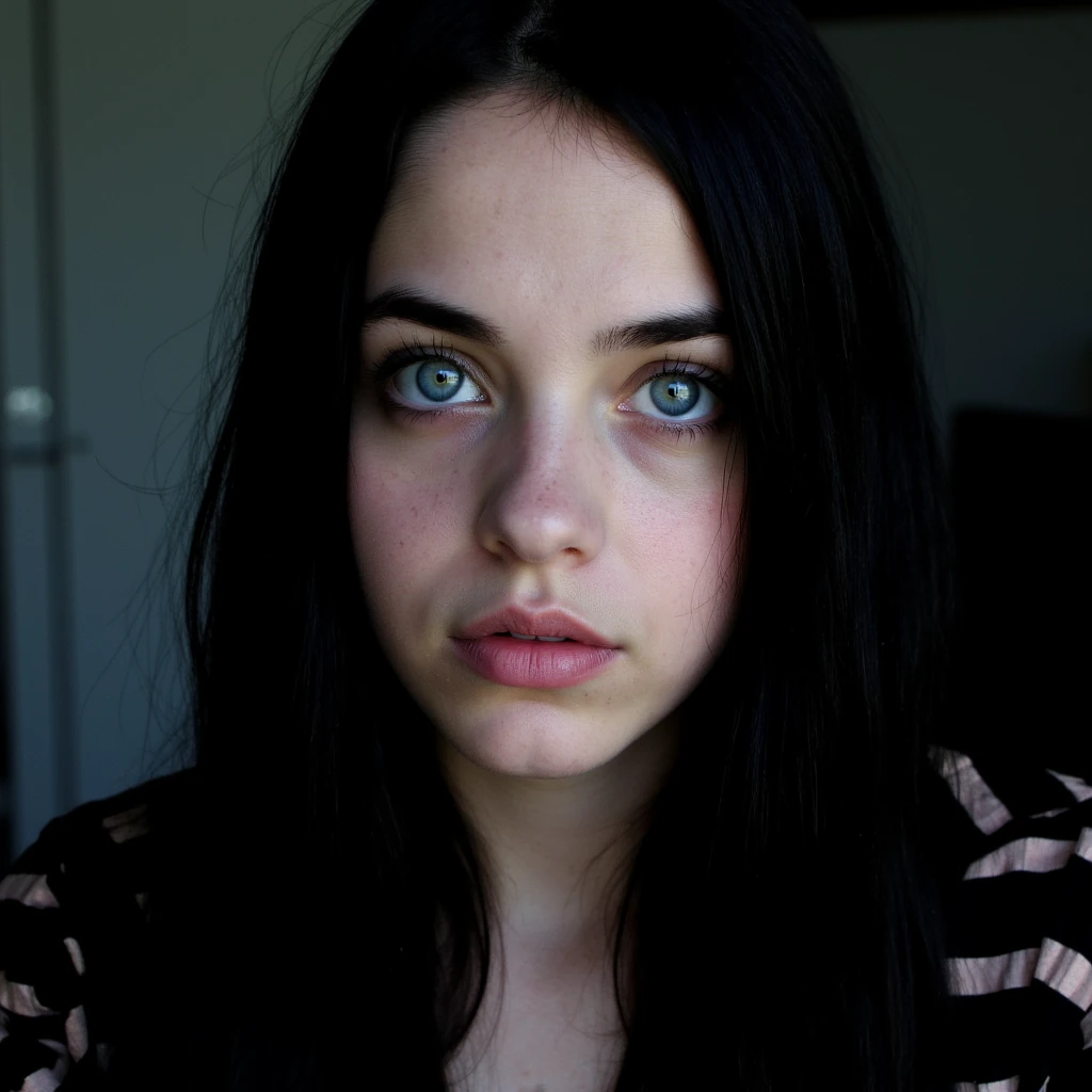 young woman with big blue eyes, pale skin, big lips and very long black hair