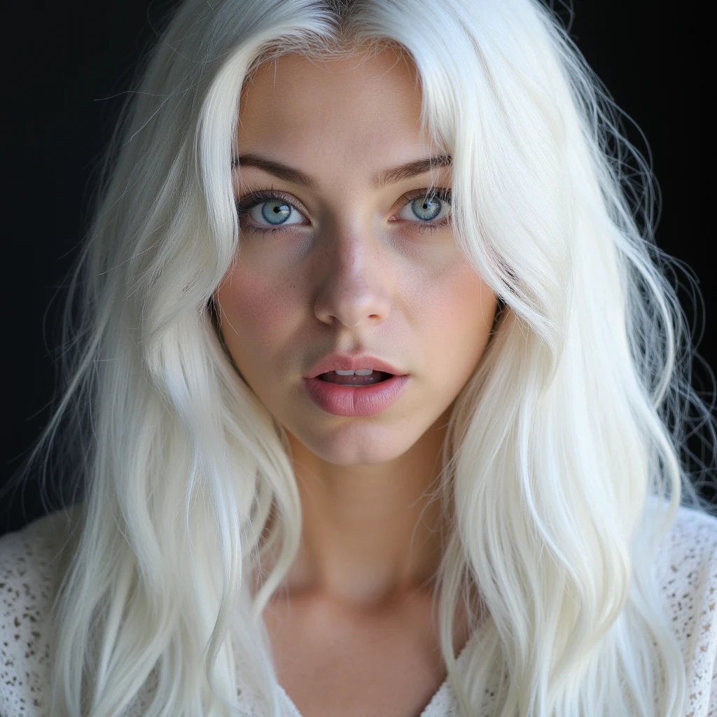Portrait of a young woman with long white hair, expressive blue eyes