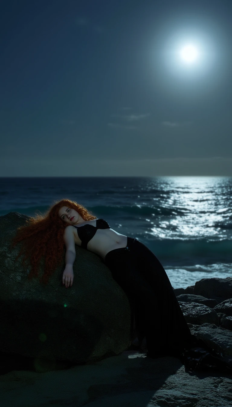 Mysterious Siren on the Rocks
	•	A red-haired siren reclining on a moonlit rock by the ocean.
	•	Flowing hair cascading over her shoulders, strategically covering her chest.
	•	Glow of moonlight shimmering off the water, creating a dreamy midnight aesthetic.