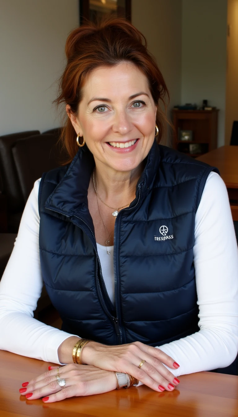 A 59-year-old woman with a warm smile, light skin tone, natural facial lines of age, blue-gray eyes, subtle makeup with light eyeliner and natural lipstick. Medium brown hair with reddish tones, tied up casually with loose strands framing her face. She is wearing a fitted white long-sleeve shirt and a sleeveless navy quilted vest (brand Trespass). She has large breasts, visible under her clothing. Jewelry includes a thin gold chain necklace, gold hoop earrings, a diamond ring, gold band rings, and a thick gold bracelet with a bangle. Her nails are painted red. She is sitting at a wooden table indoors.

