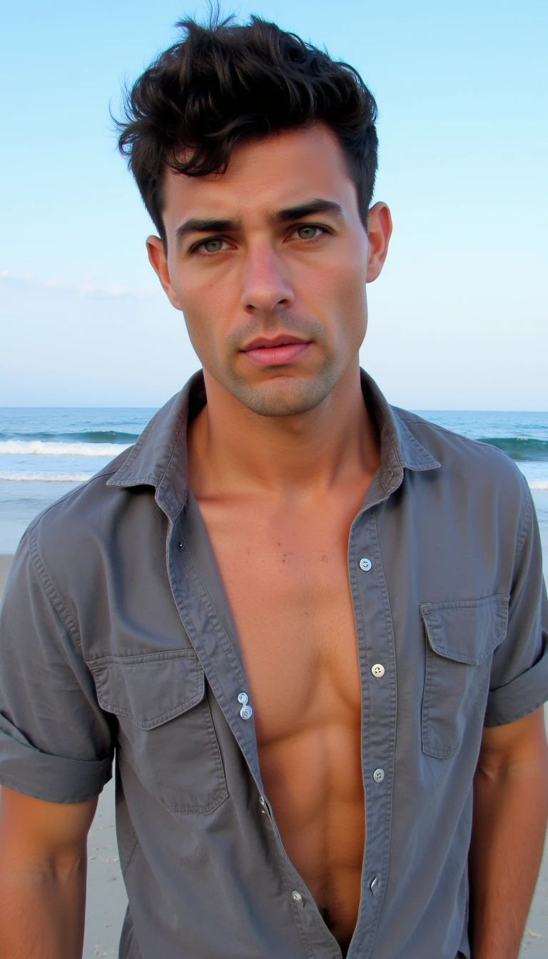 A homosexual male in his late 20’s with dark full hair and bright blue eyes.  He has a button down shirt, unbuttoned showing his muscular physic. The setting is on the beach with the ocean in the background. 