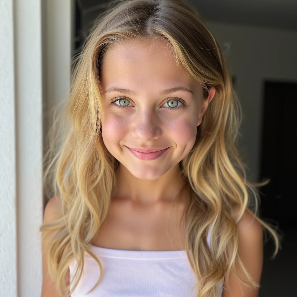 An attractive young girl sandy blonde blue eyes petite really cute smile