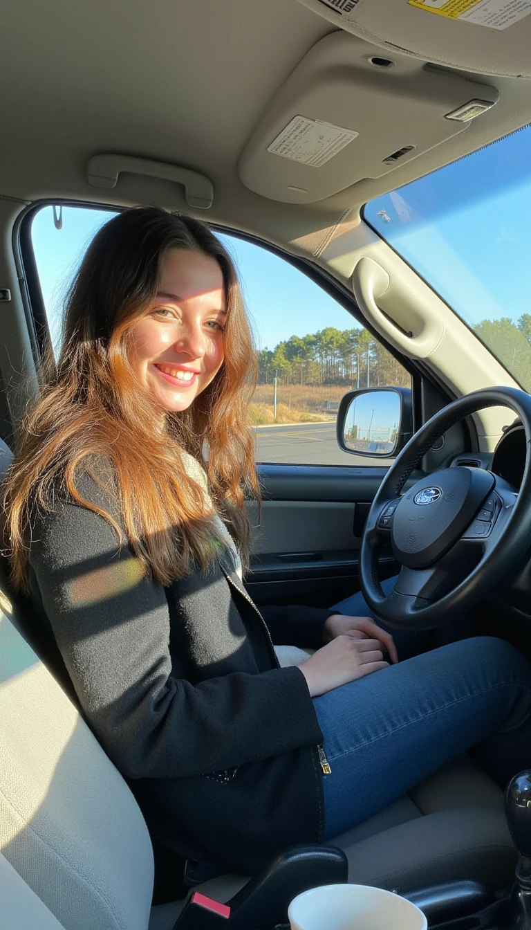 boring low quality snapchat photo circa 2015, A young woman with a warm smile, sitting in the driver's seat of a cozy car. She has soft, wavy brown hair cascading past her shoulders. The sunlight streams through the window, casting a gentle glow on her face. The interior of the car is neat and comfortable, with a coffee cup in the cup holder and a small plant on the dashboard. The background outside the window shows a scenic road lined with trees and blue skies