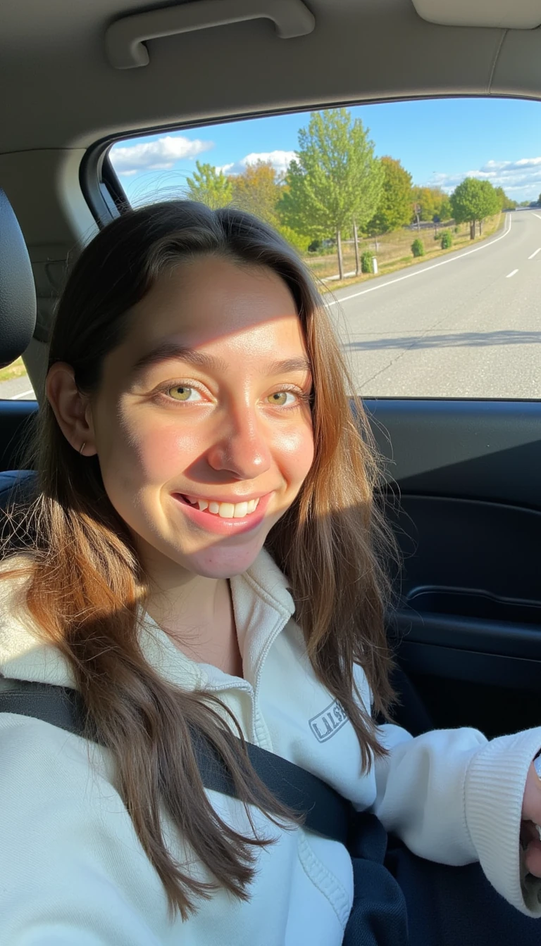 boring low quality snapchat photo circa 2015, A young woman with a warm smile, sitting in the driver's seat of a cozy car. She has soft, wavy brown hair cascading past her shoulders. The sunlight streams through the window, casting a gentle glow on her face. The interior of the car is neat and comfortable, with a coffee cup in the cup holder and a small plant on the dashboard. The background outside the window shows a scenic road lined with trees and blue skies