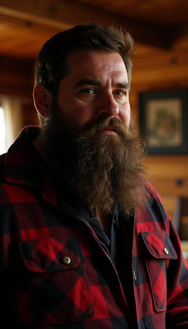 Ultra-realistic portrait of a big bearded man with body hair, broad shoulders, wearing a flannel shirt, cozy cabin interior, cinematic warm lighting, 4K, photorealistic rugged style