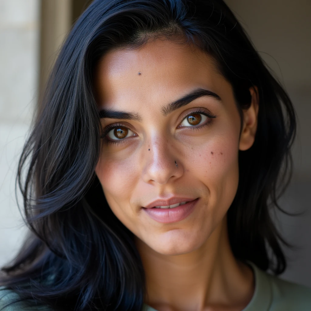 Female, 24 y/o, blauschwarzes, glattes Haar – mit Mittelscheitel und scharfen Kanten, Natural style, Athletic body, Latina / Southern European ethnicity, Slim nose; Warm amber eyes; Slight smirk; Small ears; Defined brows; Round chin; Freckles across nose and cheeks; Frown lines; Pale complexion; Short neck; Long fingers; Lanky build;  Natural B Cups