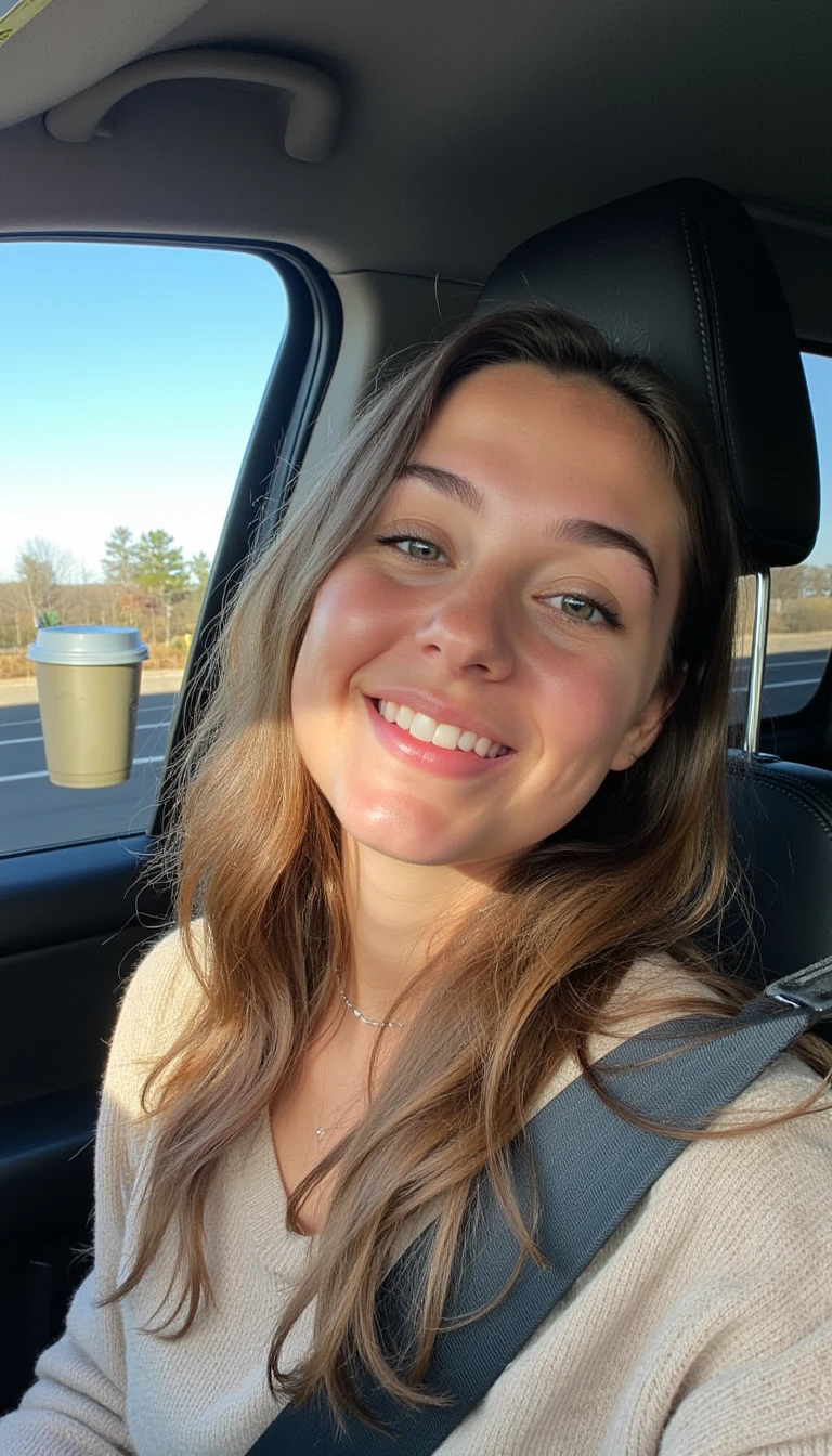 boring low quality snapchat photo circa 2015, A young woman with a warm smile, sitting in the driver's seat of a cozy car. She has soft, wavy brown hair cascading past her shoulders. The sunlight streams through the window, casting a gentle glow on her face. The interior of the car is neat and comfortable, with a coffee cup in the cup holder and a small plant on the dashboard. The background outside the window shows a scenic road lined with trees and blue skies