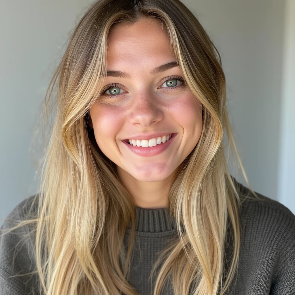 Hyper-realistic portrait of a 20-year-old woman with mousey blonde hair and bright blue eyes, very cute and youthful, soft facial features, natural makeup, friendly smile, casual stylish clothing, soft natural lighting, detailed skin texture, realistic hair strands, photorealistic background, ultra-high detail.