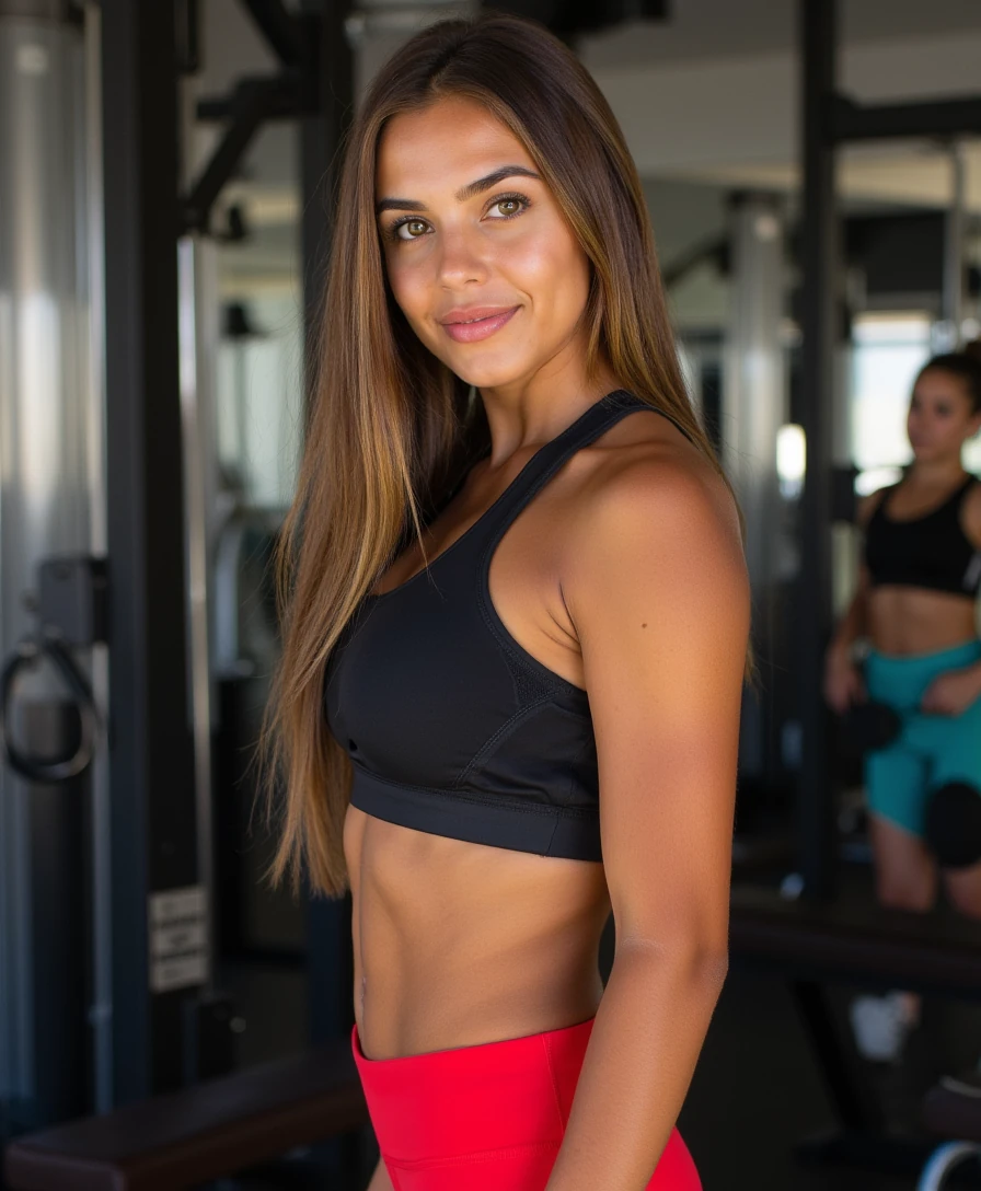 Hyper-realistic photograph of a stunning young woman with a soft, symmetrical oval face. She has long, straight chestnut brown hair with subtle golden highlights, and a glowing, warm tan skin tone. Her eyes are large, brown, and almond-shaped with long natural lashes and softly arched eyebrows. Hair cascading smoothly over her shoulders down to her waist, voluminous and silky with perfect highlights and lowlights, piercing hazel eyes locked directly at the camera with a sultry, confident gaze, soft seductive smile playing on full plump lips with a hint of glossy sheen, exuding an alluring and empowered demeanor. She has an hourglass figure with ample curves, prominent large natural breasts (around 95–100 cm, approx. F-cup), a narrow waist (~58 cm). She is standing in the gym, in the background there are training people. She is wearing athletic sports bra and red leggings. She is smiling to camera. Photo is captured from the side.