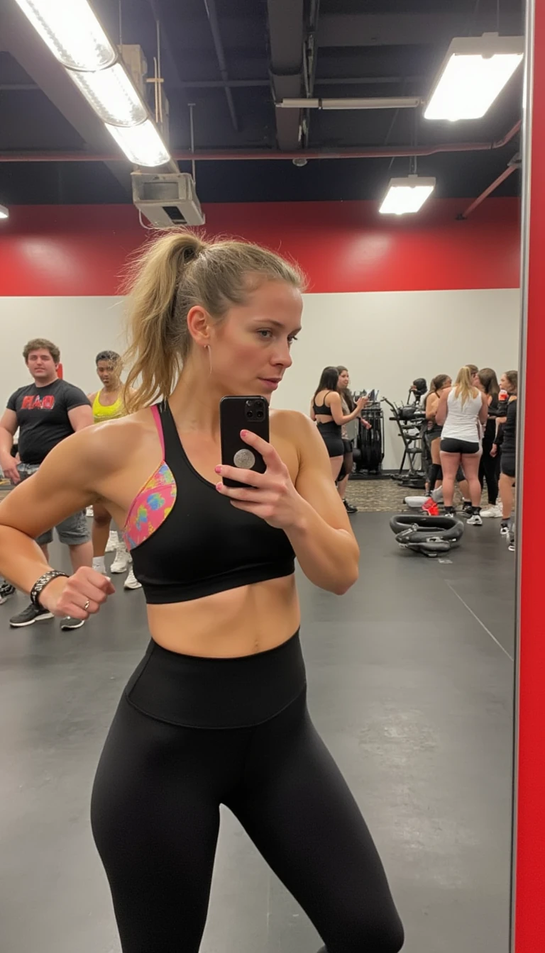 photo of  ALice CSTMDL, Lululemon workout set selfie in gym mirror, ponytail, toned figure, fluorescent gym lighting, playful flexing pose, realistic iPhone reflection.
