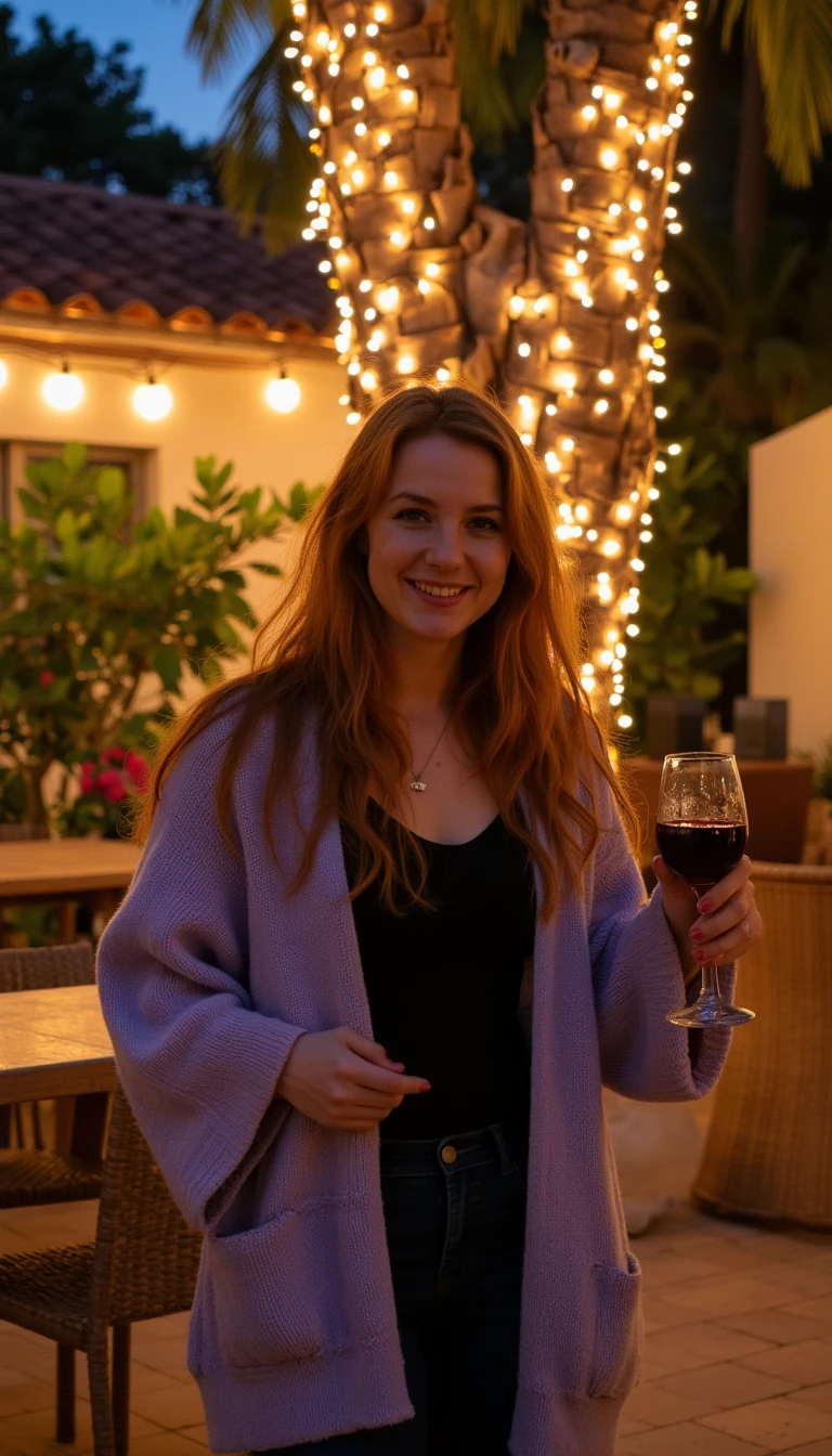 A full body shot photo of a woman standing outdoors at a cozy, warmly lit patio in the evening, with soft, glowing lights wrapped around a tree behind them creating a charming atmosphere. The image is rich in detail, with warm tones and clear textures throughout. The woman has fair skin, a slim build, and long reddish-blonde hair, also worn loose. She is smiling warmly at the camera, holding a glass of red wine in her right hand, and wears a soft-textured lavender cardigan over a black top. The background features a large tree with sparkling string lights wrapped around its trunk and branches, adding a magical touch to the scene. The setting suggests a private outdoor seating area, with elements like terracotta-tiled roofing, greenery, and rattan chairs contributing to a serene, inviting vibe. The overall composition is balanced, with the woman framed against the softly glowing tree, and the lighting enhances the warm, intimate feel of a quiet evening shared among friends. The details are vivid, with textures of clothing, skin, and background elements clearly visible, while the warm lighting creates a relaxed and joyful mood