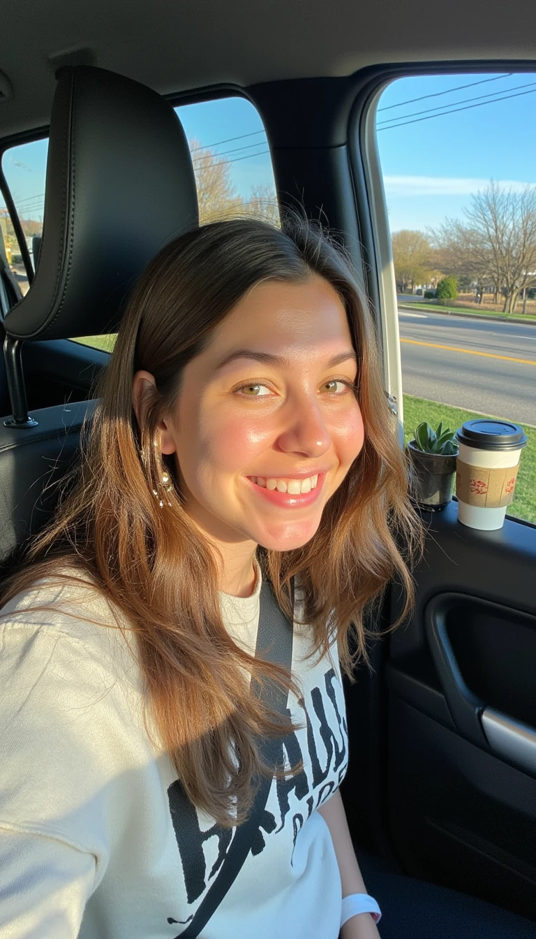 boring low quality snapchat photo circa 2015, A young woman with a warm smile, sitting in the driver's seat of a cozy car. She has soft, wavy brown hair cascading past her shoulders. The sunlight streams through the window, casting a gentle glow on her face. The interior of the car is neat and comfortable, with a coffee cup in the cup holder and a small plant on the dashboard. The background outside the window shows a scenic road lined with trees and blue skies