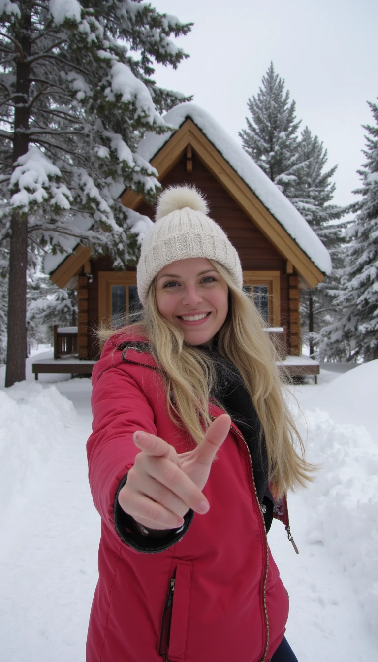 a fun vacation in the snow with a sexy warm smile in a provoking posture for the camera, a realistic enviroment cabin type vibe of the background 