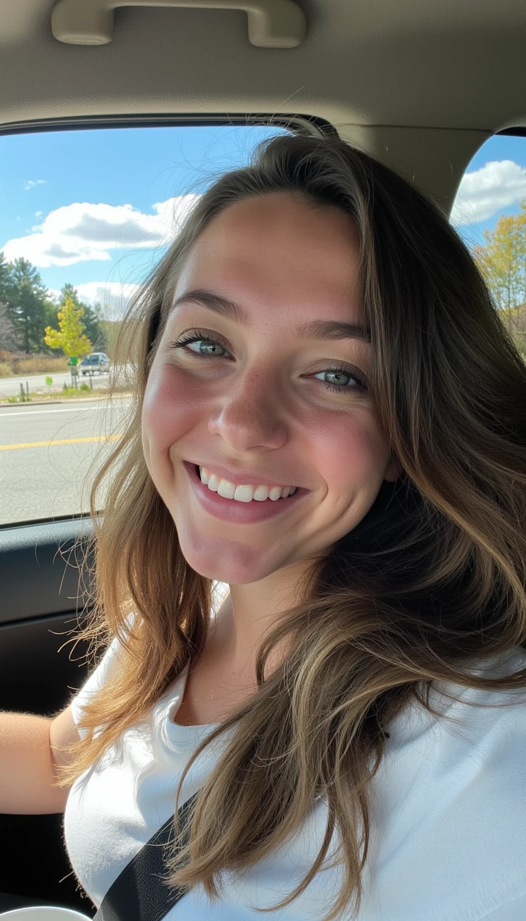 boring low quality snapchat photo circa 2015, A young woman with a warm smile, sitting in the driver's seat of a cozy car. She has soft, wavy brown hair cascading past her shoulders. The sunlight streams through the window, casting a gentle glow on her face. The interior of the car is neat and comfortable, with a coffee cup in the cup holder and a small plant on the dashboard. The background outside the window shows a scenic road lined with trees and blue skies