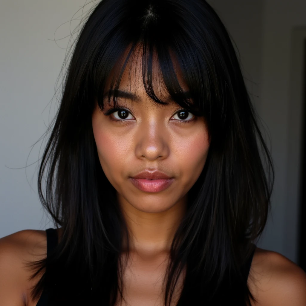 Portrait of a pretty black woman thats 1/4 japanese with straight black hair. Well lit, looking straight at camera showing alot of her face. eyes slightly slanted up.