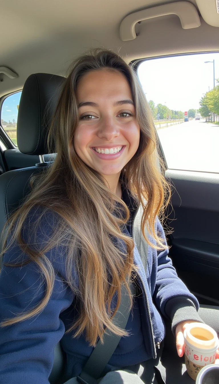 boring low quality snapchat photo circa 2015, A young woman with a warm smile, sitting in the driver's seat of a cozy car. She has soft, wavy brown hair cascading past her shoulders. The sunlight streams through the window, casting a gentle glow on her face. The interior of the car is neat and comfortable, with a coffee cup in the cup holder and a small plant on the dashboard. The background outside the window shows a scenic road lined with trees and blue skies