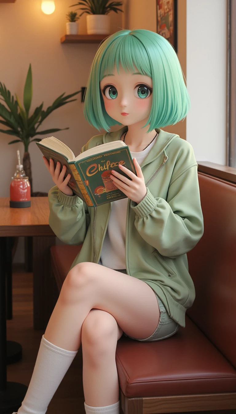A femboy with mint green bob haircut and soft skin tone, wearing a light jacket, fitted shorts, and sneakers. Sitting on a café bench, reading a book, calm smile. Background: cozy café interior with warm light. Motion/video: page turning, slight head movement, hair swaying slightly, slow camera pan. Mood: relaxed, stylish, approachable. Ultra-realistic style, 8K quality, shallow depth of field