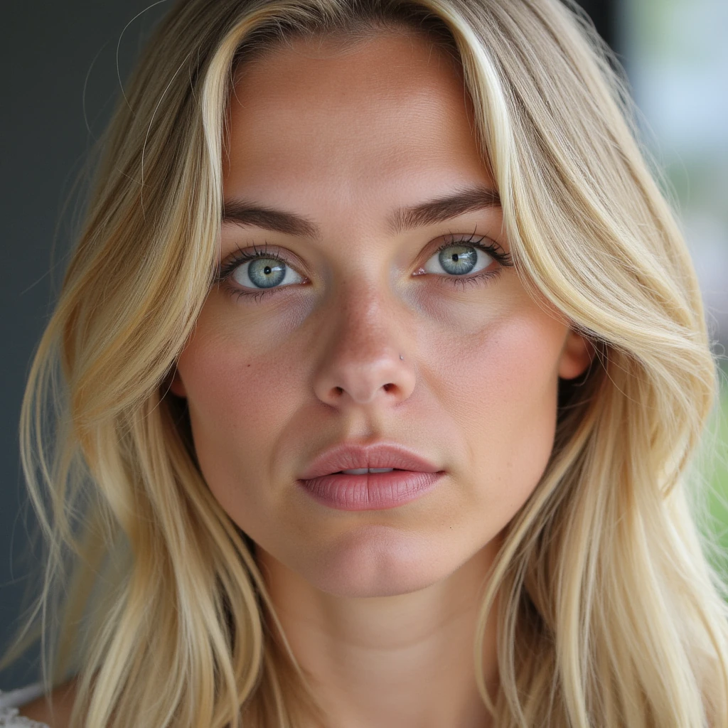 portrait of elinSundberg, 23 year old Swedish woman, blonde hair, blue eyes, close-up, looking straight into the camera, natural daylight, ultra realistic, soft skin texture, 8k, top model