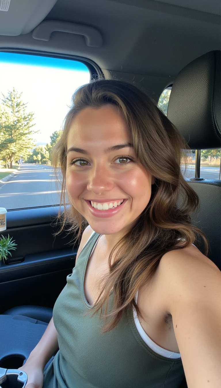 boring low quality snapchat photo circa 2015, A young woman with a warm smile, sitting in the driver's seat of a cozy car. She has soft, wavy brown hair cascading past her shoulders. The sunlight streams through the window, casting a gentle glow on her face. The interior of the car is neat and comfortable, with a coffee cup in the cup holder and a small plant on the dashboard. The background outside the window shows a scenic road lined with trees and blue skies