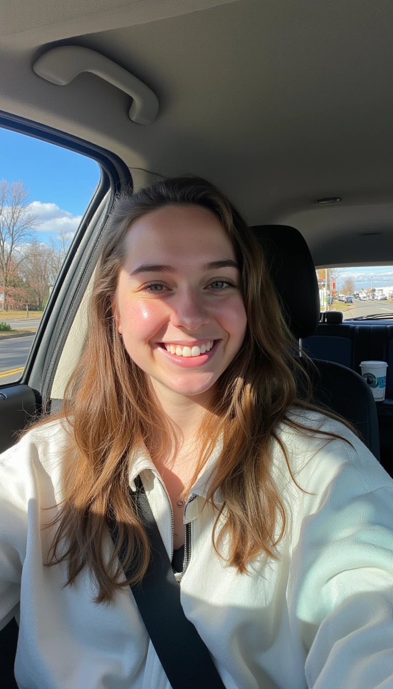 boring low quality snapchat photo circa 2015, A young woman with a warm smile, sitting in the driver's seat of a cozy car. She has soft, wavy brown hair cascading past her shoulders. The sunlight streams through the window, casting a gentle glow on her face. The interior of the car is neat and comfortable, with a coffee cup in the cup holder and a small plant on the dashboard. The background outside the window shows a scenic road lined with trees and blue skies
