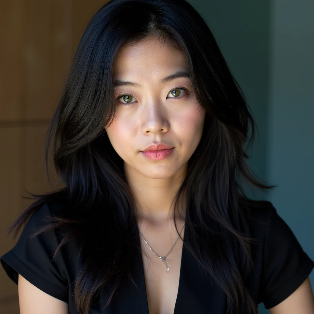 Portrait of a Korean woman with black hair and green eyes 