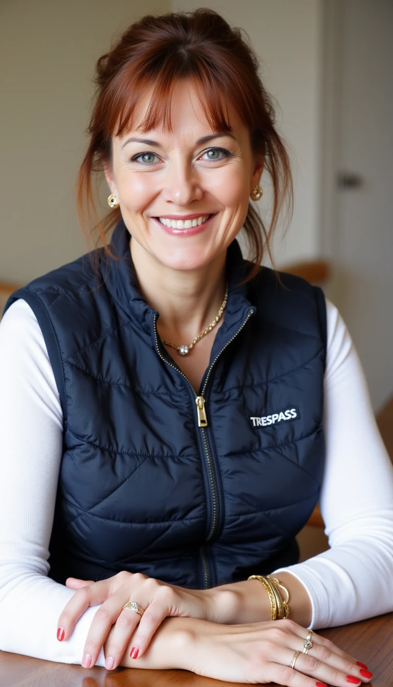 A 59-year-old woman with a warm smile, light skin tone, natural facial lines of age, blue-gray eyes, subtle makeup with light eyeliner and natural lipstick. Medium brown hair with reddish tones, tied up casually with loose strands framing her face. She is wearing a fitted white long-sleeve shirt and a sleeveless navy quilted vest (brand Trespass). She has large breasts, visible under her clothing. Jewelry includes a thin gold chain necklace, gold hoop earrings, a diamond ring, gold band rings, and a thick gold bracelet with a bangle. Her nails are painted red. She is sitting at a wooden table indoors.

