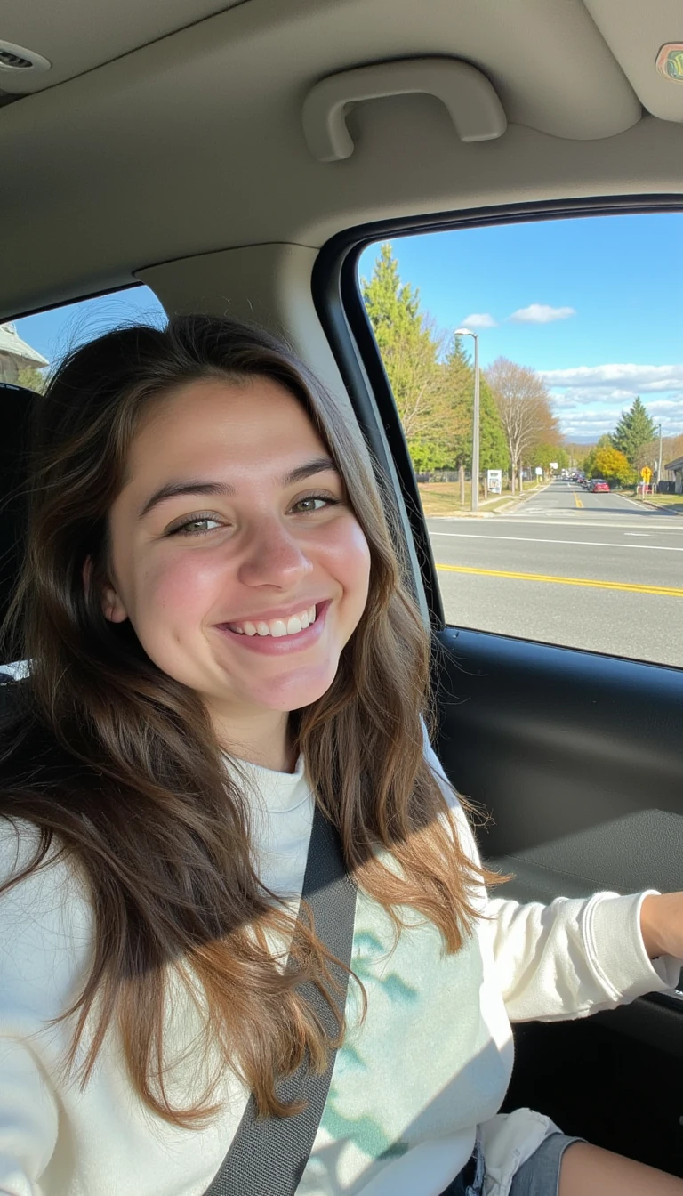 boring low quality snapchat photo circa 2015, A young woman with a warm smile, sitting in the driver's seat of a cozy car. She has soft, wavy brown hair cascading past her shoulders. The sunlight streams through the window, casting a gentle glow on her face. The interior of the car is neat and comfortable, with a coffee cup in the cup holder and a small plant on the dashboard. The background outside the window shows a scenic road lined with trees and blue skies