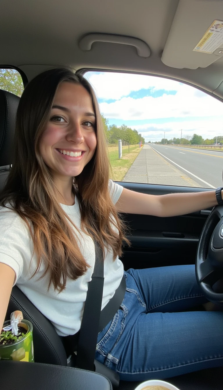 boring low quality snapchat photo circa 2015, A young woman with a warm smile, sitting in the driver's seat of a cozy car. She has soft, wavy brown hair cascading past her shoulders. The sunlight streams through the window, casting a gentle glow on her face. The interior of the car is neat and comfortable, with a coffee cup in the cup holder and a small plant on the dashboard. The background outside the window shows a scenic road lined with trees and blue skies