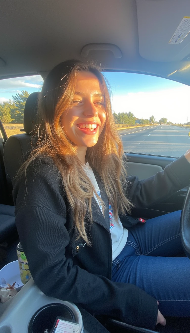 boring low quality snapchat photo circa 2015, A young woman with a warm smile, sitting in the driver's seat of a cozy car. She has soft, wavy brown hair cascading past her shoulders. The sunlight streams through the window, casting a gentle glow on her face. The interior of the car is neat and comfortable, with a coffee cup in the cup holder and a small plant on the dashboard. The background outside the window shows a scenic road lined with trees and blue skies