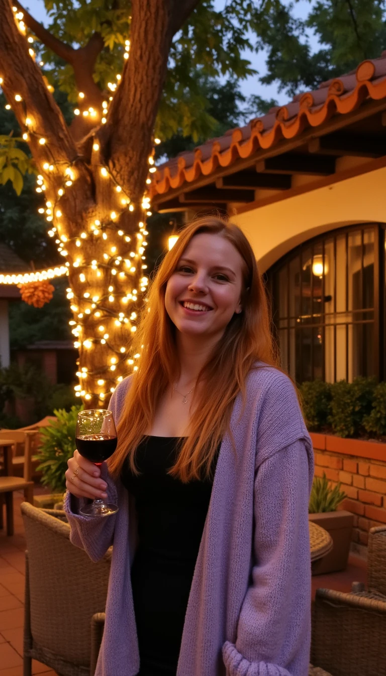 A full body shot photo of a my influencer Alice standing outdoors at a cozy, warmly lit patio in the evening, with soft, glowing lights wrapped around a tree behind them creating a charming atmosphere. The image is rich in detail, with warm tones and clear textures throughout. The woman has fair skin, a slim build, and long reddish-blonde hair, also worn loose. She is smiling warmly at the camera, holding a glass of red wine in her right hand, and wears a soft-textured lavender cardigan over a black top. The background features a large tree with sparkling string lights wrapped around its trunk and branches, adding a magical touch to the scene. The setting suggests a private outdoor seating area, with elements like terracotta-tiled roofing, greenery, and rattan chairs contributing to a serene, inviting vibe. The overall composition is balanced, with the woman framed against the softly glowing tree, and the lighting enhances the warm, intimate feel of a quiet evening shared among friends. The details are vivid, with textures of clothing, skin, and background elements clearly visible, while the warm lighting creates a relaxed and joyful mood