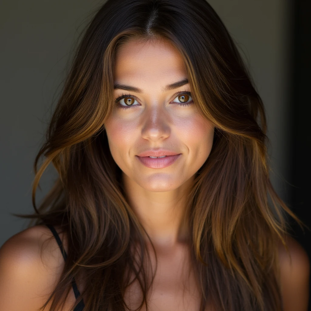 Portrait of young woman with long brown hair and brown eyes. Slender face. European descent. 