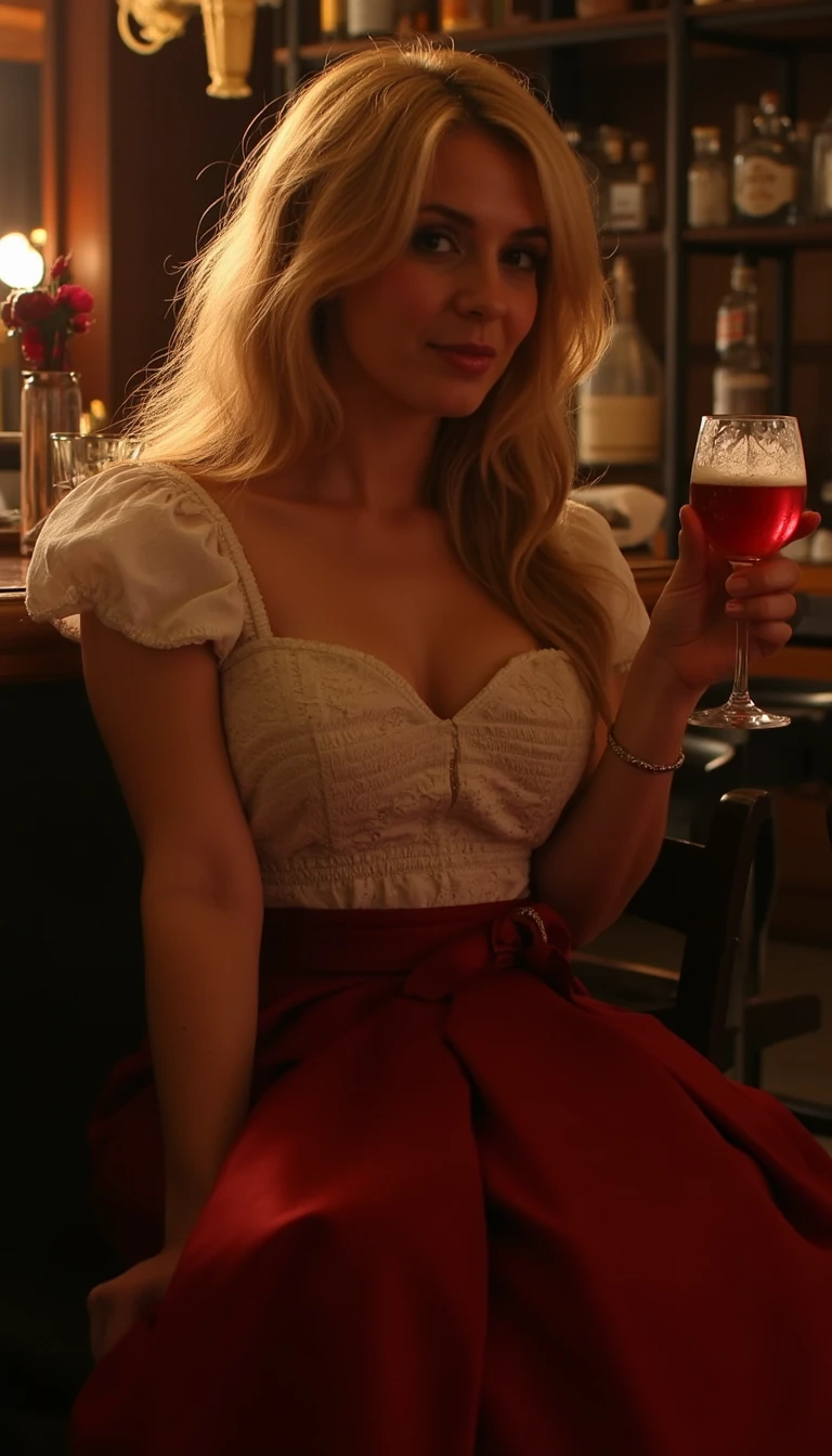 Alice in a bar with a glass of wine