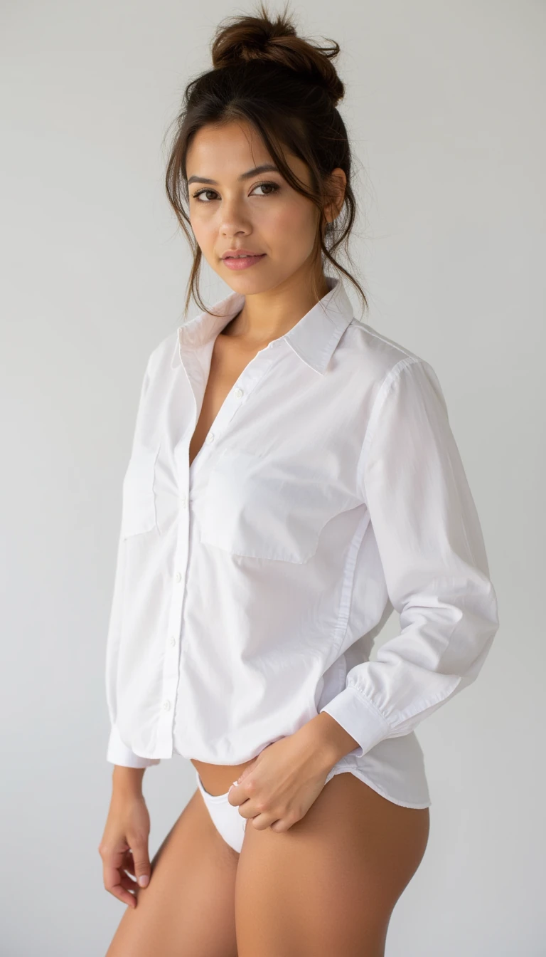 Snapshot of a woman with her hair up in a white button down blouse with no panties on.