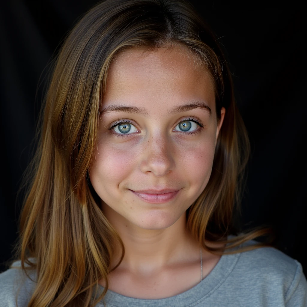 Older teen girl brunette hair blue eyes
