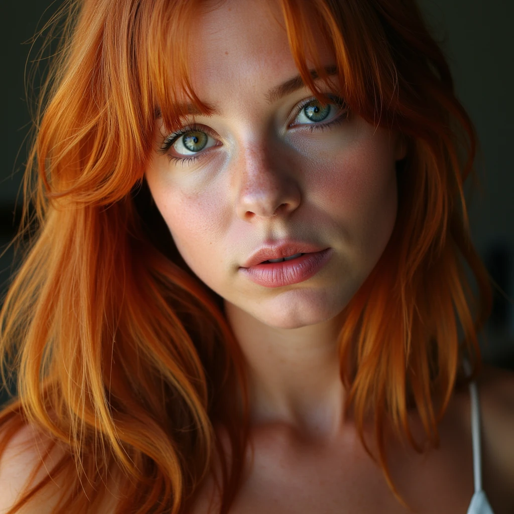 Beautiful mid 20s girl with red hair and blue green hazel sunburst eyes. Realistic. Long hair auburn copper color to her lower back. 