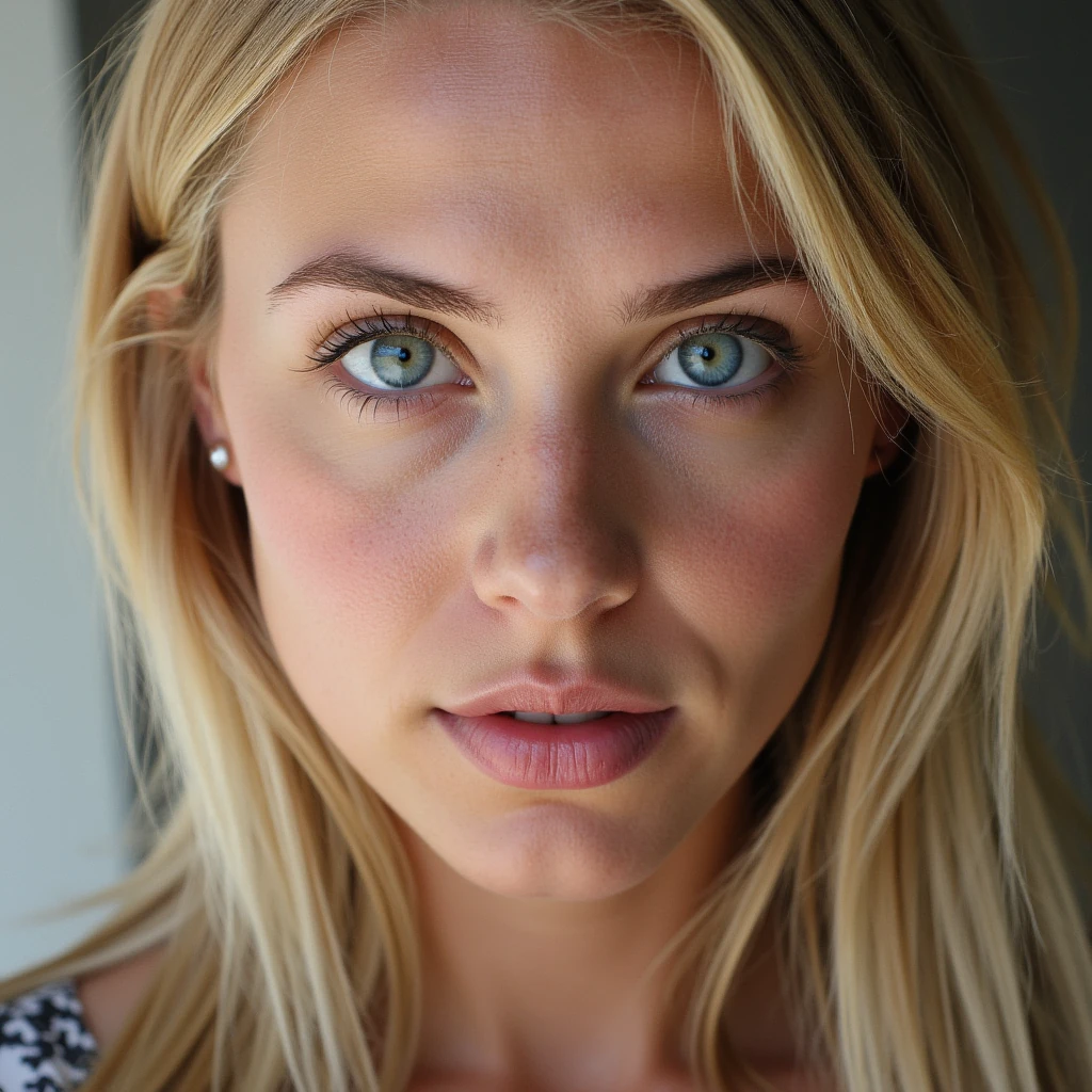 portrait of elinSundberg, 23 year old Swedish woman, blonde hair, blue eyes, close-up, looking straight into the camera, natural daylight, ultra realistic, soft skin texture, 8k, top model