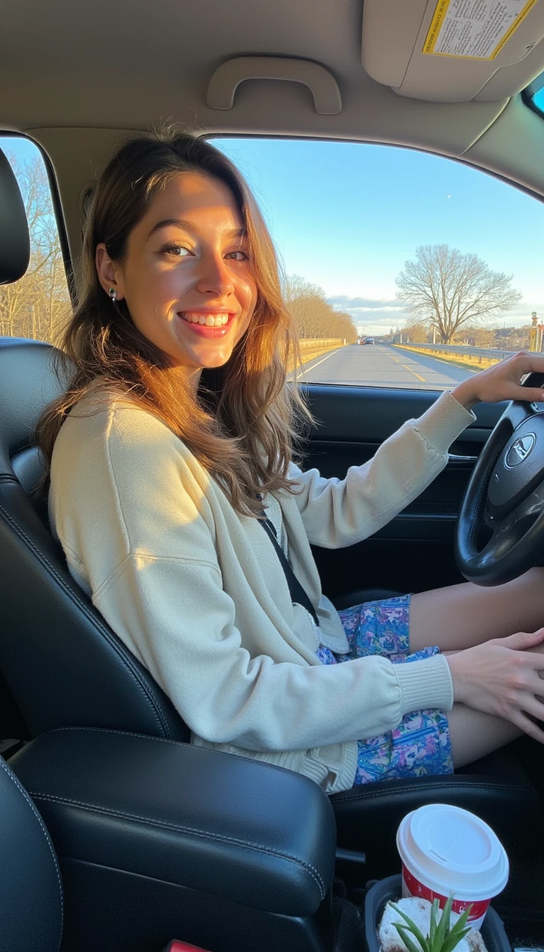 boring low quality snapchat photo circa 2015, A young woman with a warm smile, sitting in the driver's seat of a cozy car. She has soft, wavy brown hair cascading past her shoulders. The sunlight streams through the window, casting a gentle glow on her face. The interior of the car is neat and comfortable, with a coffee cup in the cup holder and a small plant on the dashboard. The background outside the window shows a scenic road lined with trees and blue skies