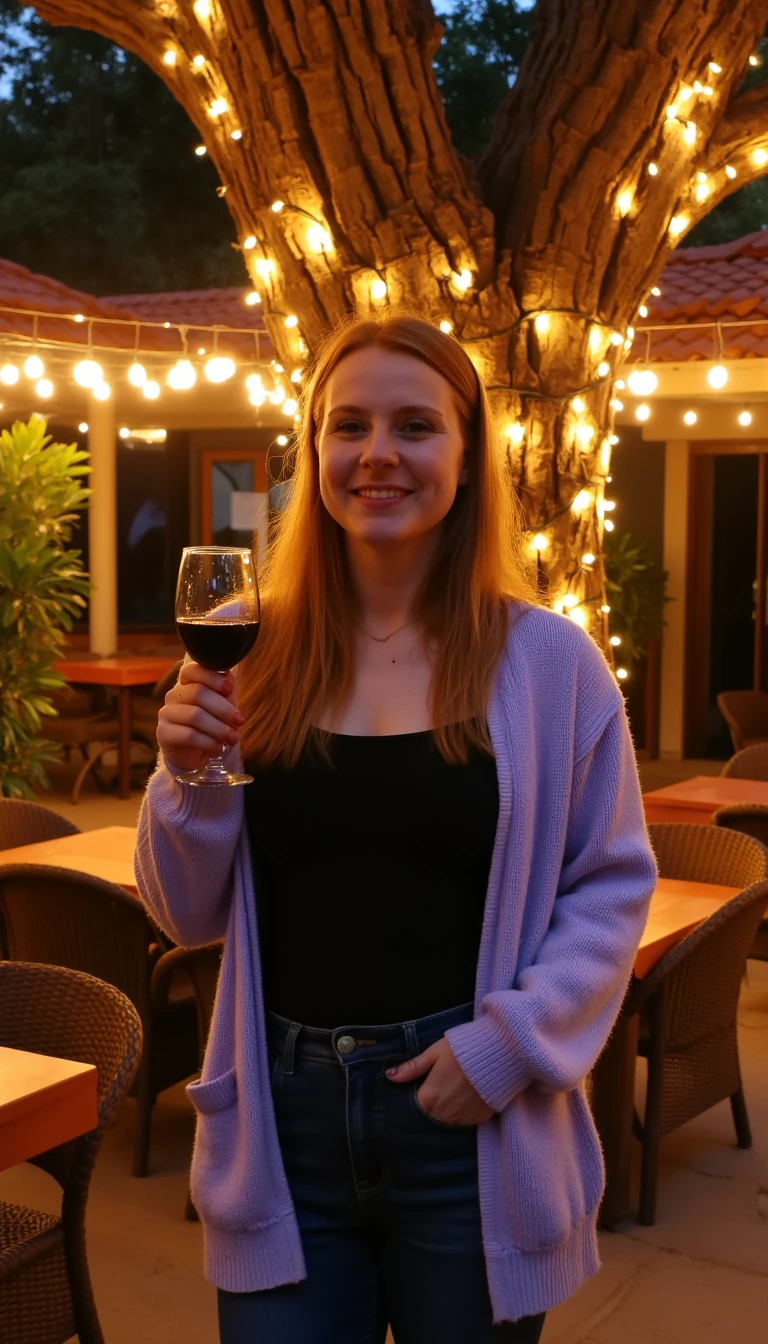 A full body shot photo of a woman standing outdoors at a cozy, warmly lit patio in the evening, with soft, glowing lights wrapped around a tree behind them creating a charming atmosphere. The image is rich in detail, with warm tones and clear textures throughout. The woman has fair skin, a slim build, and long reddish-blonde hair, also worn loose. She is smiling warmly at the camera, holding a glass of red wine in her right hand, and wears a soft-textured lavender cardigan over a black top. The background features a large tree with sparkling string lights wrapped around its trunk and branches, adding a magical touch to the scene. The setting suggests a private outdoor seating area, with elements like terracotta-tiled roofing, greenery, and rattan chairs contributing to a serene, inviting vibe. The overall composition is balanced, with the woman framed against the softly glowing tree, and the lighting enhances the warm, intimate feel of a quiet evening shared among friends. The details are vivid, with textures of clothing, skin, and background elements clearly visible, while the warm lighting creates a relaxed and joyful mood