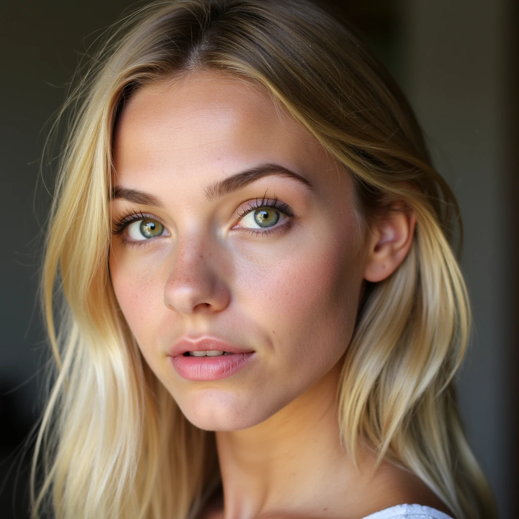 Young blonde, attractive European girl in her early 20's with green eyes