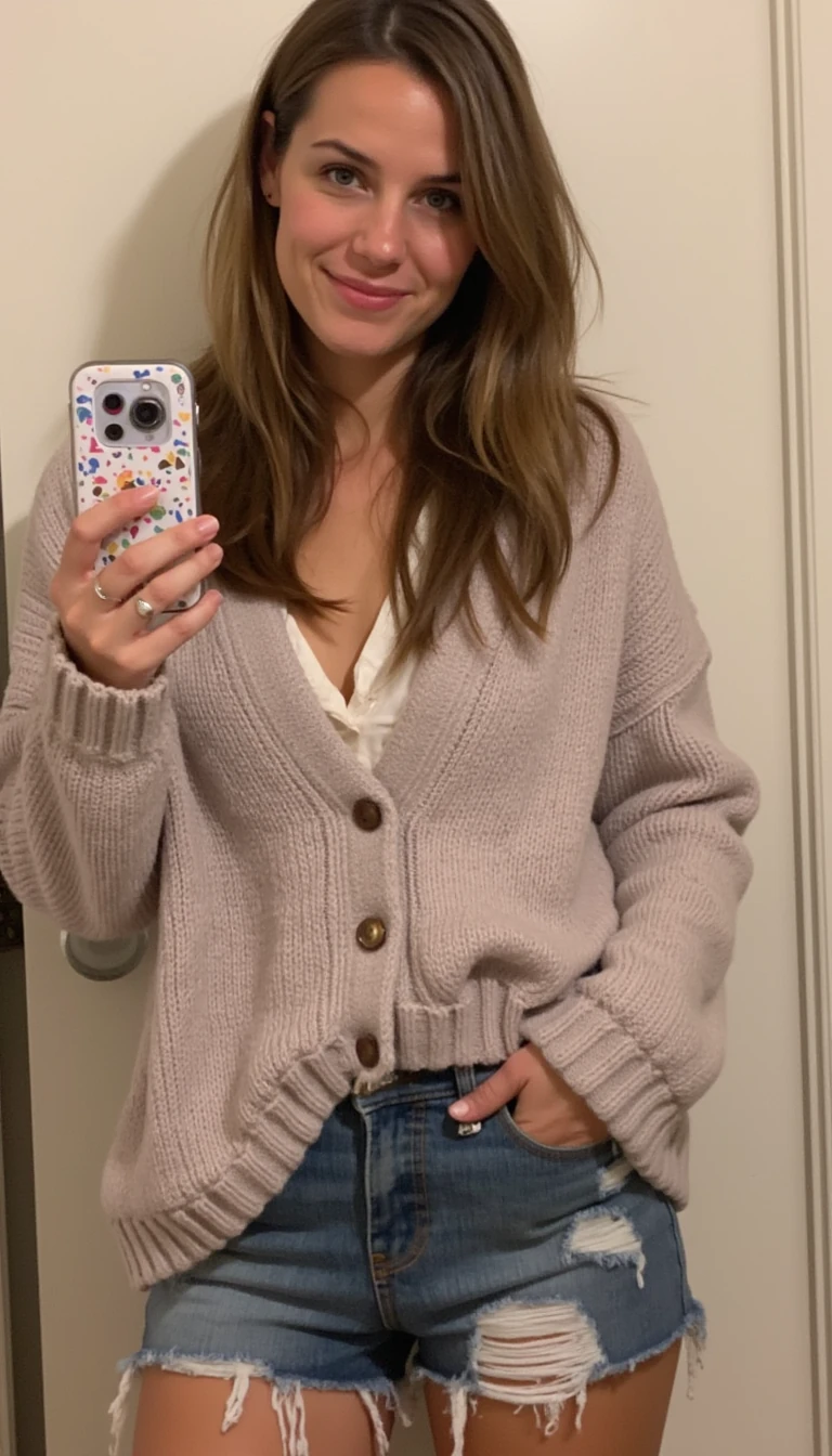 boring low quality snapchat photo circa 2015, cute woman, soft light brown hair, full outfit