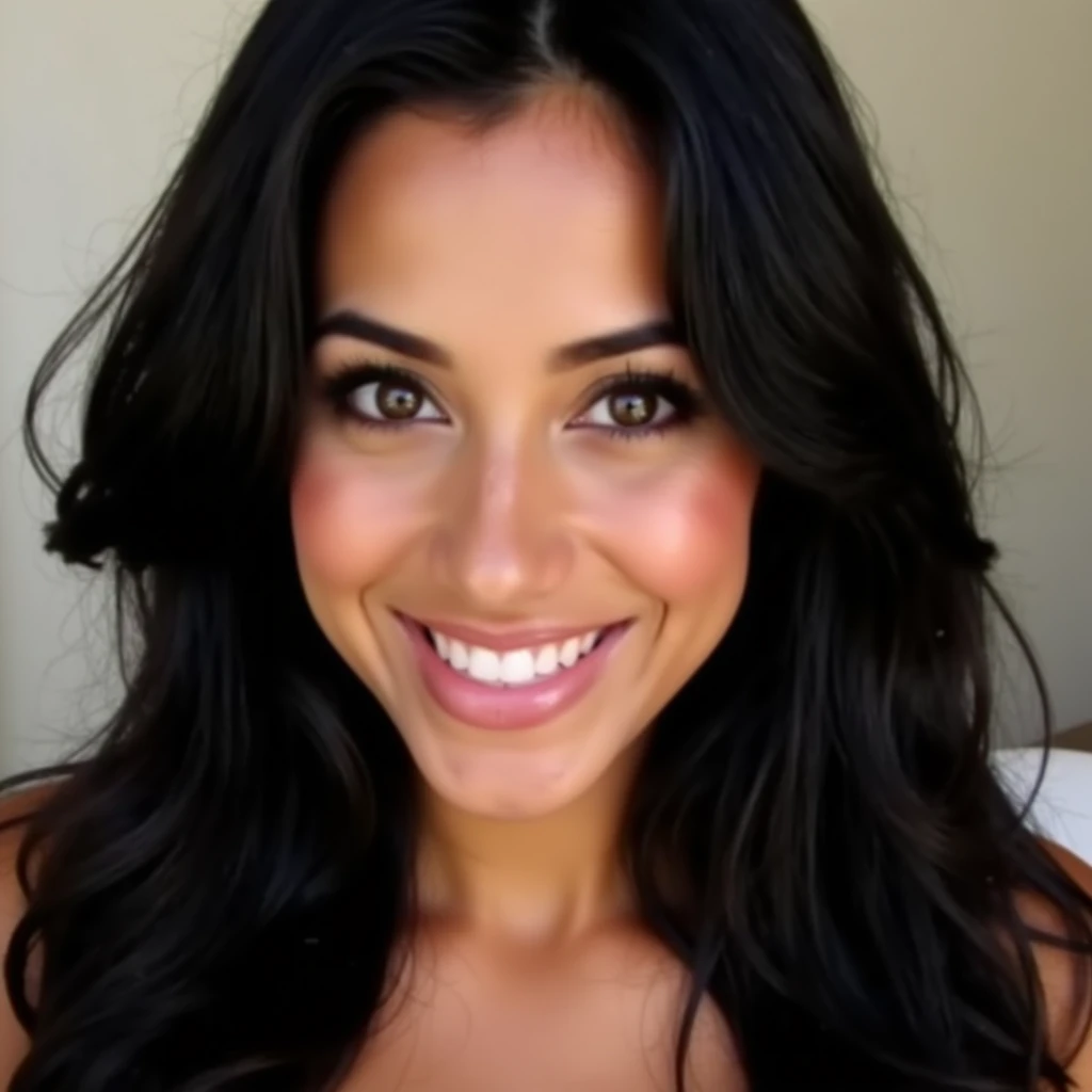 Stunning Colombian woman in her mid-20s with a radiant, captivating face. Her long, dark black hair cascades in glossy waves, framing her warm, sun-kissed complexion. Her large, expressive brown eyes sparkle with a mix of playfulness and intensity, drawing you in with their depth. Her big, infectious smile lights up her face, revealing perfect, pearly white teeth and a hint of dimples that add a youthful charm. Her full, naturally rosy lips curve with confidence, and her high cheekbones accentuate her vibrant, sultry energy. A subtle glow on her flawless skin highlights her Latina heritage, exuding warmth and allure.