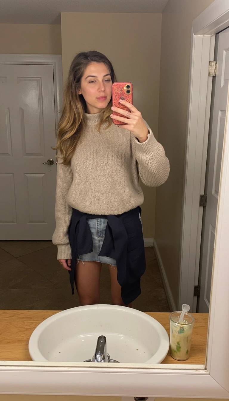boring low quality snapchat photo circa 2015, cute woman, soft light brown hair, full outfit