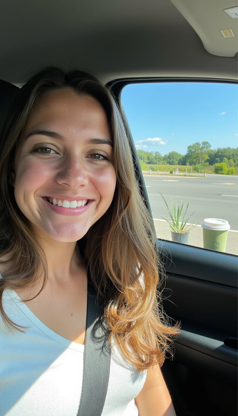 boring low quality snapchat photo circa 2015, A young woman with a warm smile, sitting in the driver's seat of a cozy car. She has soft, wavy brown hair cascading past her shoulders. The sunlight streams through the window, casting a gentle glow on her face. The interior of the car is neat and comfortable, with a coffee cup in the cup holder and a small plant on the dashboard. The background outside the window shows a scenic road lined with trees and blue skies