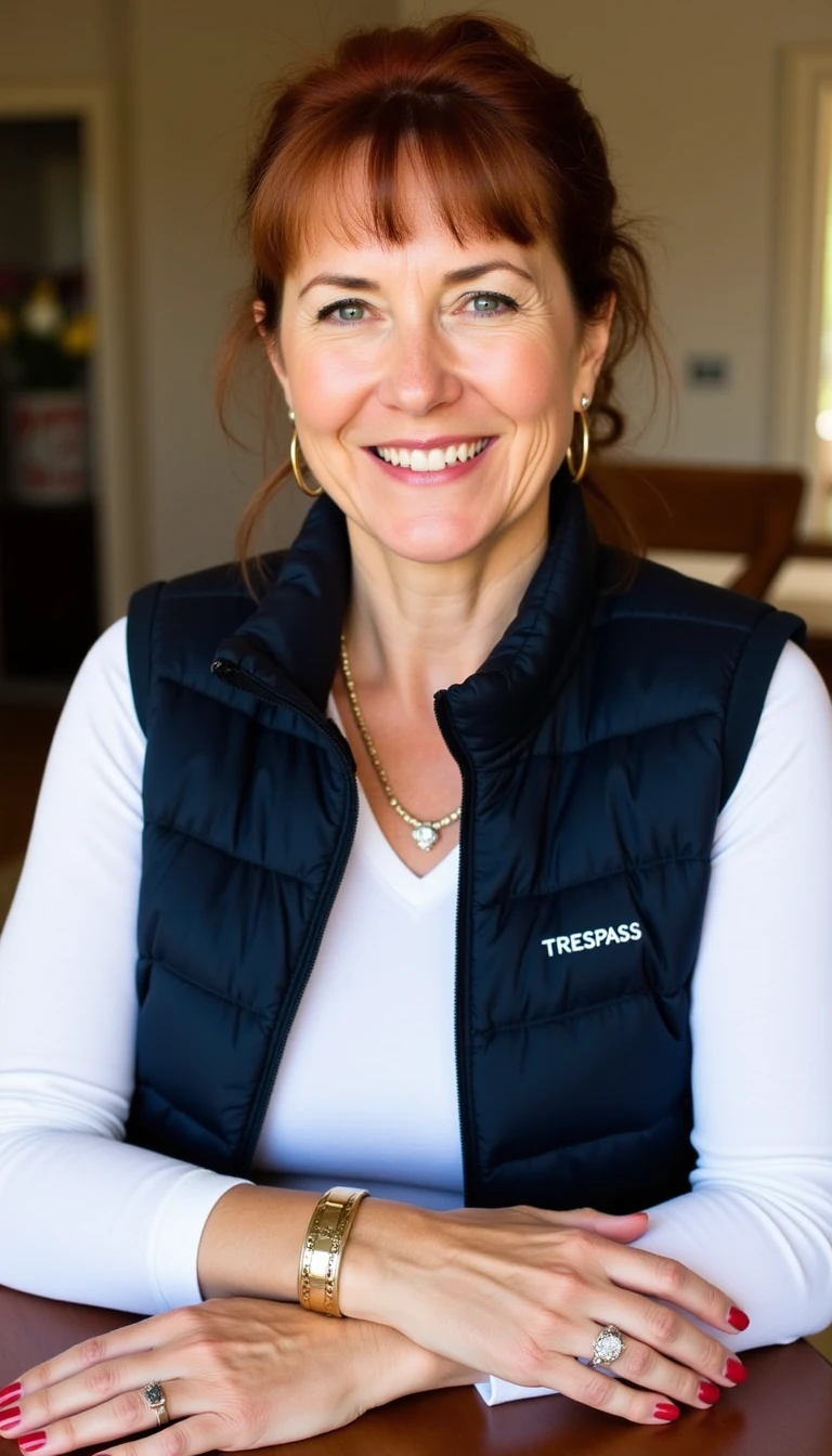 A 59-year-old woman with a warm smile, light skin tone, natural facial lines of age, blue-gray eyes, subtle makeup with light eyeliner and natural lipstick. Medium brown hair with reddish tones, tied up casually with loose strands framing her face. She is wearing a fitted white long-sleeve shirt and a sleeveless navy quilted vest (brand Trespass). She has large breasts, visible under her clothing. Jewelry includes a thin gold chain necklace, gold hoop earrings, a diamond ring, gold band rings, and a thick gold bracelet with a bangle. Her nails are painted red. She is sitting at a wooden table indoors.

