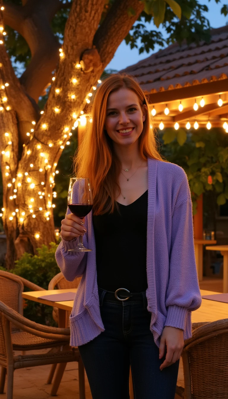 A full body shot photo of a woman standing outdoors at a cozy, warmly lit patio in the evening, with soft, glowing lights wrapped around a tree behind them creating a charming atmosphere. The image is rich in detail, with warm tones and clear textures throughout. The woman has fair skin, a slim build, and long reddish-blonde hair, also worn loose. She is smiling warmly at the camera, holding a glass of red wine in her right hand, and wears a soft-textured lavender cardigan over a black top. The background features a large tree with sparkling string lights wrapped around its trunk and branches, adding a magical touch to the scene. The setting suggests a private outdoor seating area, with elements like terracotta-tiled roofing, greenery, and rattan chairs contributing to a serene, inviting vibe. The overall composition is balanced, with the woman framed against the softly glowing tree, and the lighting enhances the warm, intimate feel of a quiet evening shared among friends. The details are vivid, with textures of clothing, skin, and background elements clearly visible, while the warm lighting creates a relaxed and joyful mood