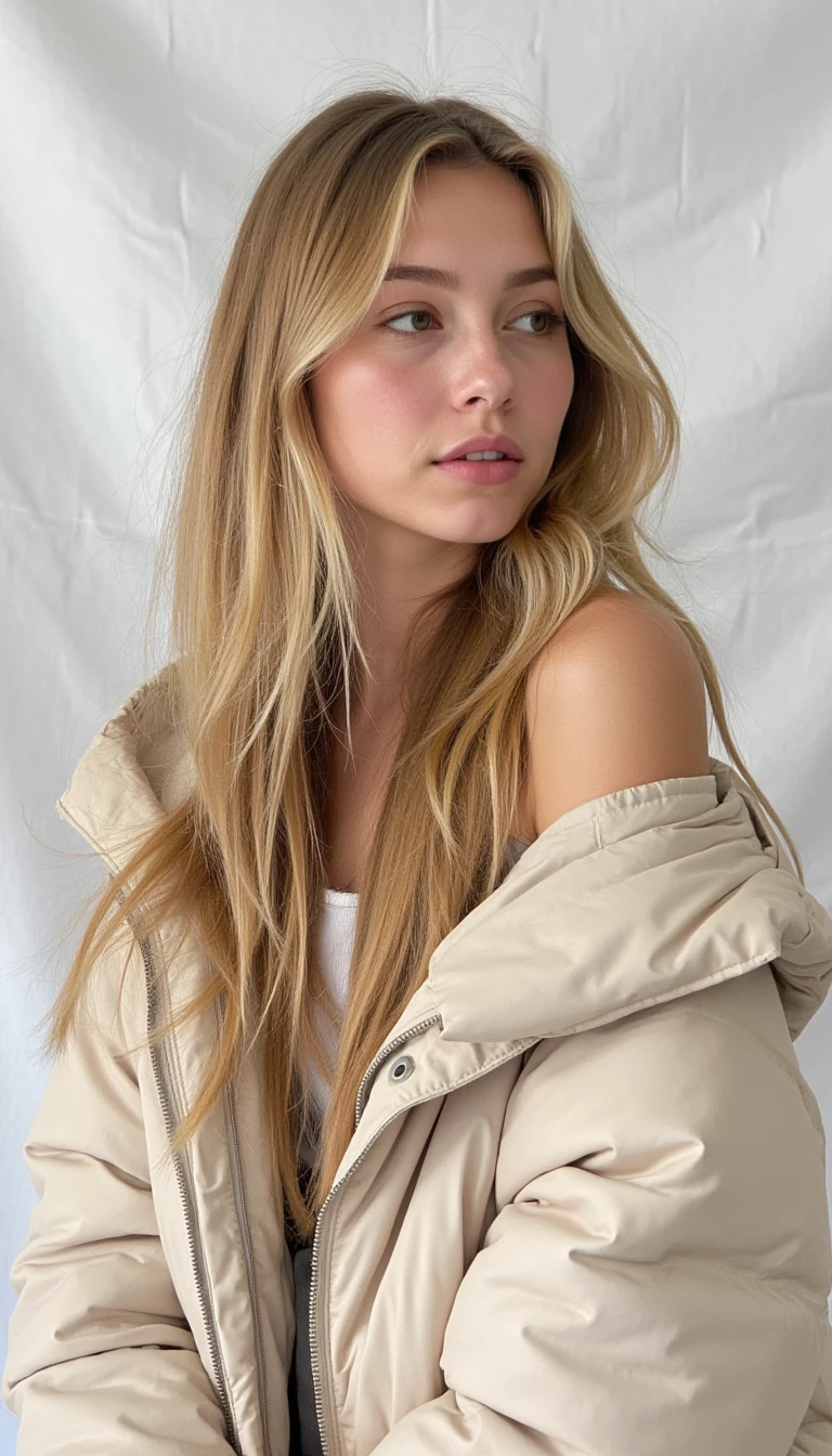 This is a photograph of a young woman with long, wavy blonde hair that cascades over her shoulders. She has fair skin and is wearing minimal makeup, emphasizing her natural beauty. Her eyes are slightly open and she has a neutral expression on her face, with slightly parted lips. She is dressed in a light beige, off-the-shoulder puffer jacket, which adds a cozy, casual vibe to the image. The background is plain and white, possibly a textured wall or fabric, which keeps the focus on the subject. The overall tone of the photograph is soft and natural, with gentle lighting that highlights her features and the texture of her hair. Looking to left side